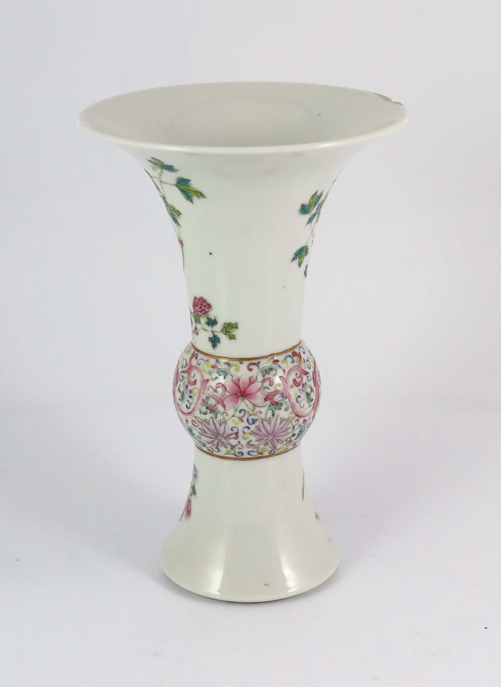 A Chinese famille rose beaker vase, gu, late Qing / early Republic period splinter chip to rim